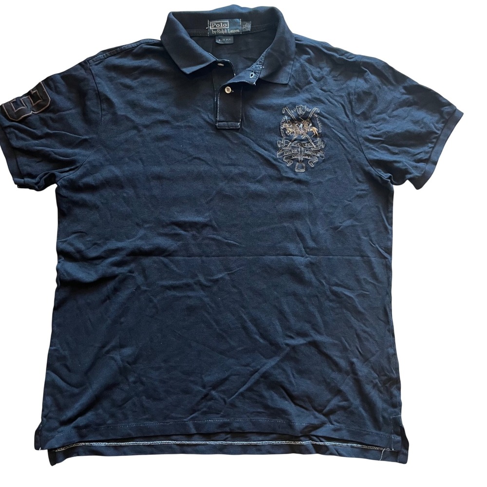 Polo Ralph Lauren Mens XL Slim Fit Black Crest Polo Shirt Short Sleeve 3 Patch